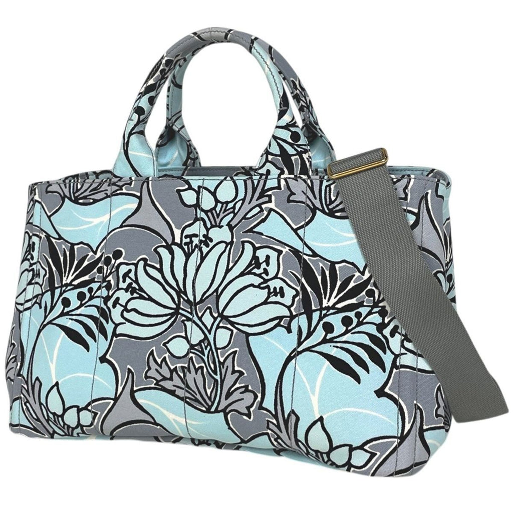 Prada Canapa Tote Floral Pattern Flower 2-Way Shoulder Bag Canvas Light Blue