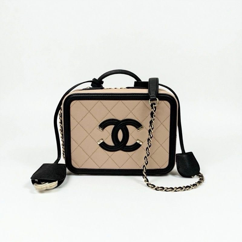 Chanel Bag Shoulder Caviar Leather Beige Black Gold CC Filigree — view 2