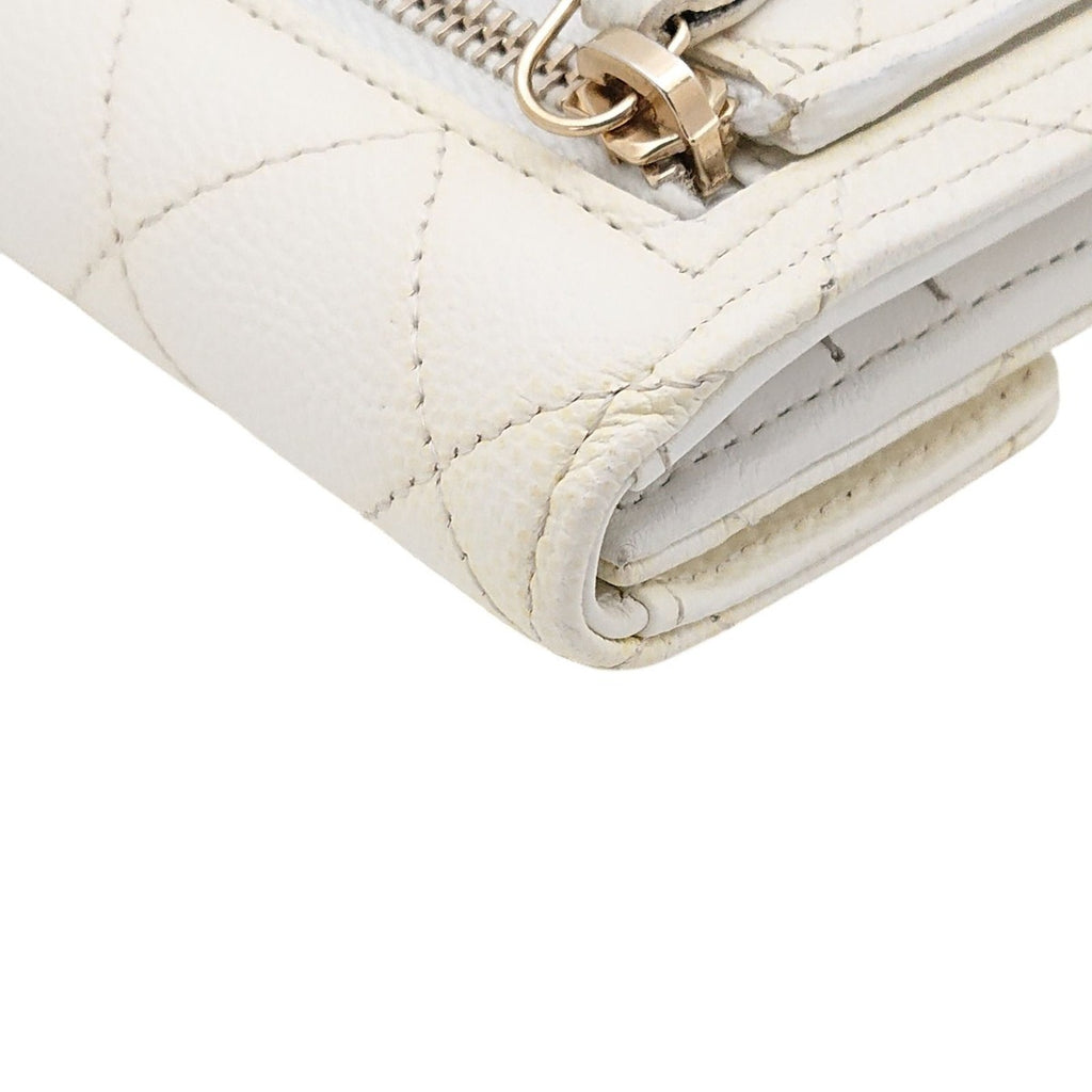 Chanel Trifold Wallet Caviar Leather Quilted White CC Logo Compact — view 9