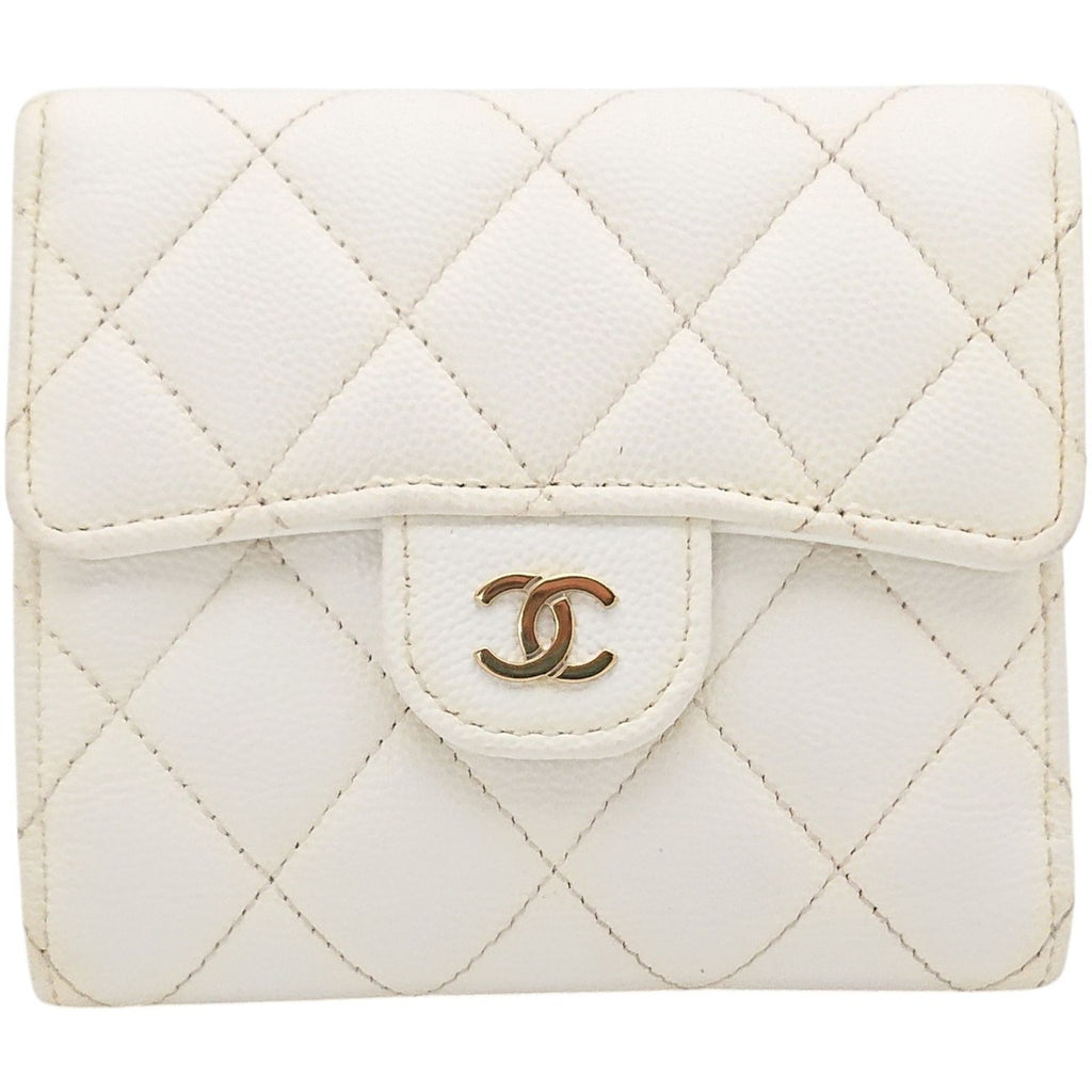 Chanel Trifold Wallet Caviar Leather Quilted White CC Logo Compact