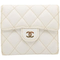 Chanel Trifold Wallet Caviar Leather Quilted White CC Logo Compact