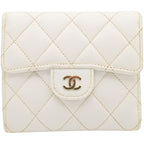 Chanel Trifold Wallet Caviar Leather Quilted White CC Logo Compact