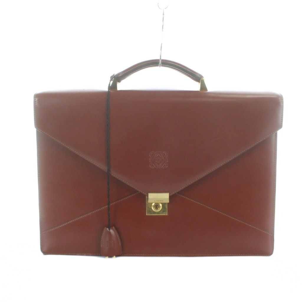 Loewe Business Briefcase Document Purse Leather Logo Gold Brown
