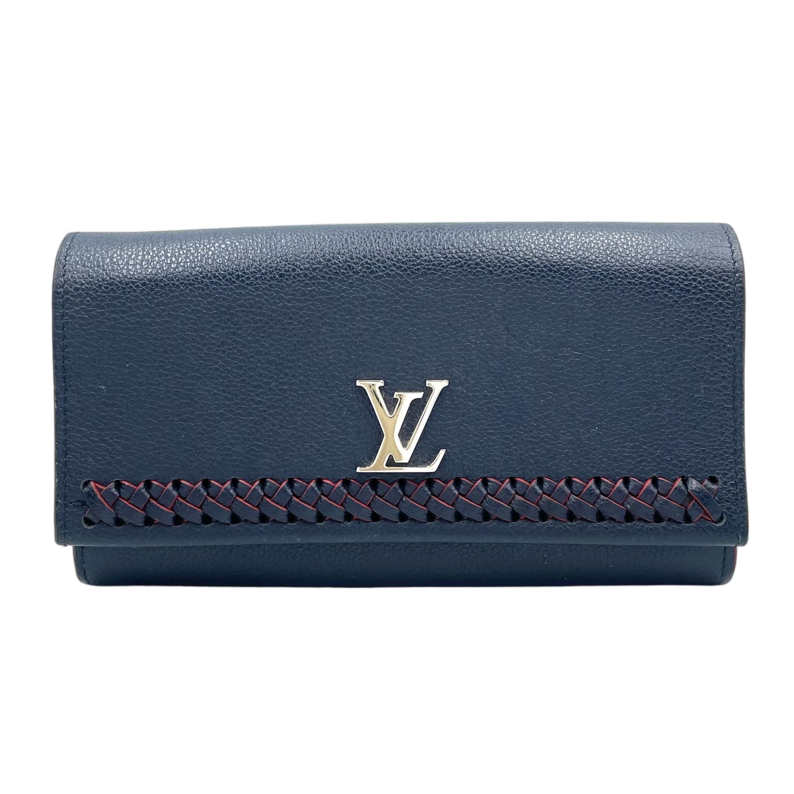 Louis Vuitton Portefeuille Lockme II Leather Navy Wallet Silver