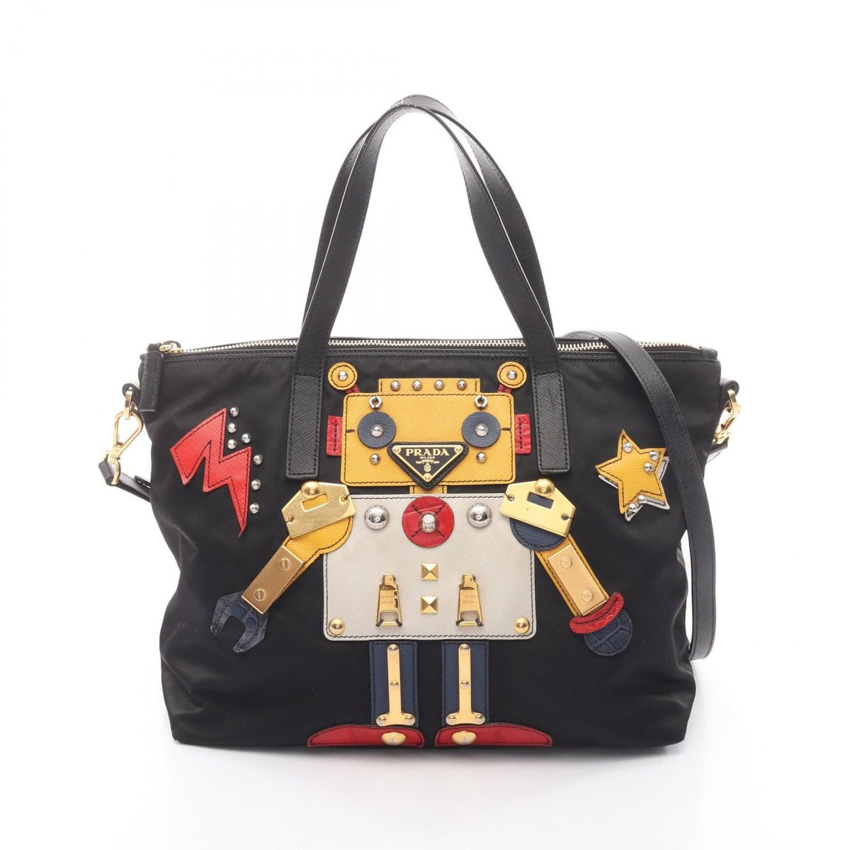 Prada Tote Black Nylon Saffiano Leather Robot 2-Way