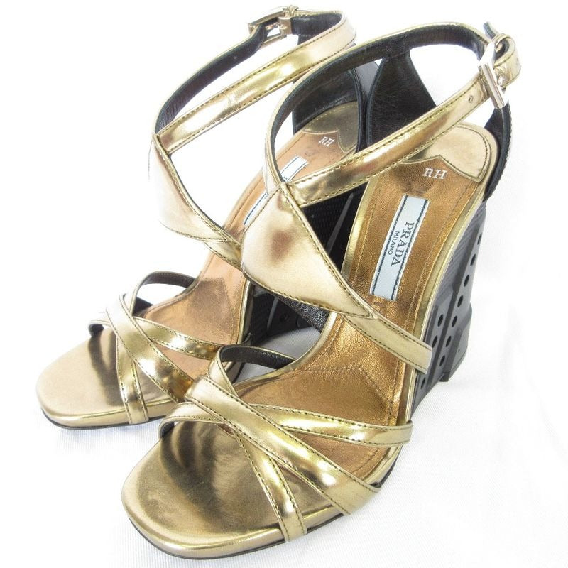 Prada Cross Strap Leather Sandals 36 Gold Color Black