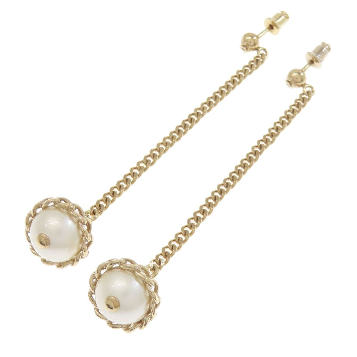 Chanel Chain CC Logo Earrings Metal Faux Pearl