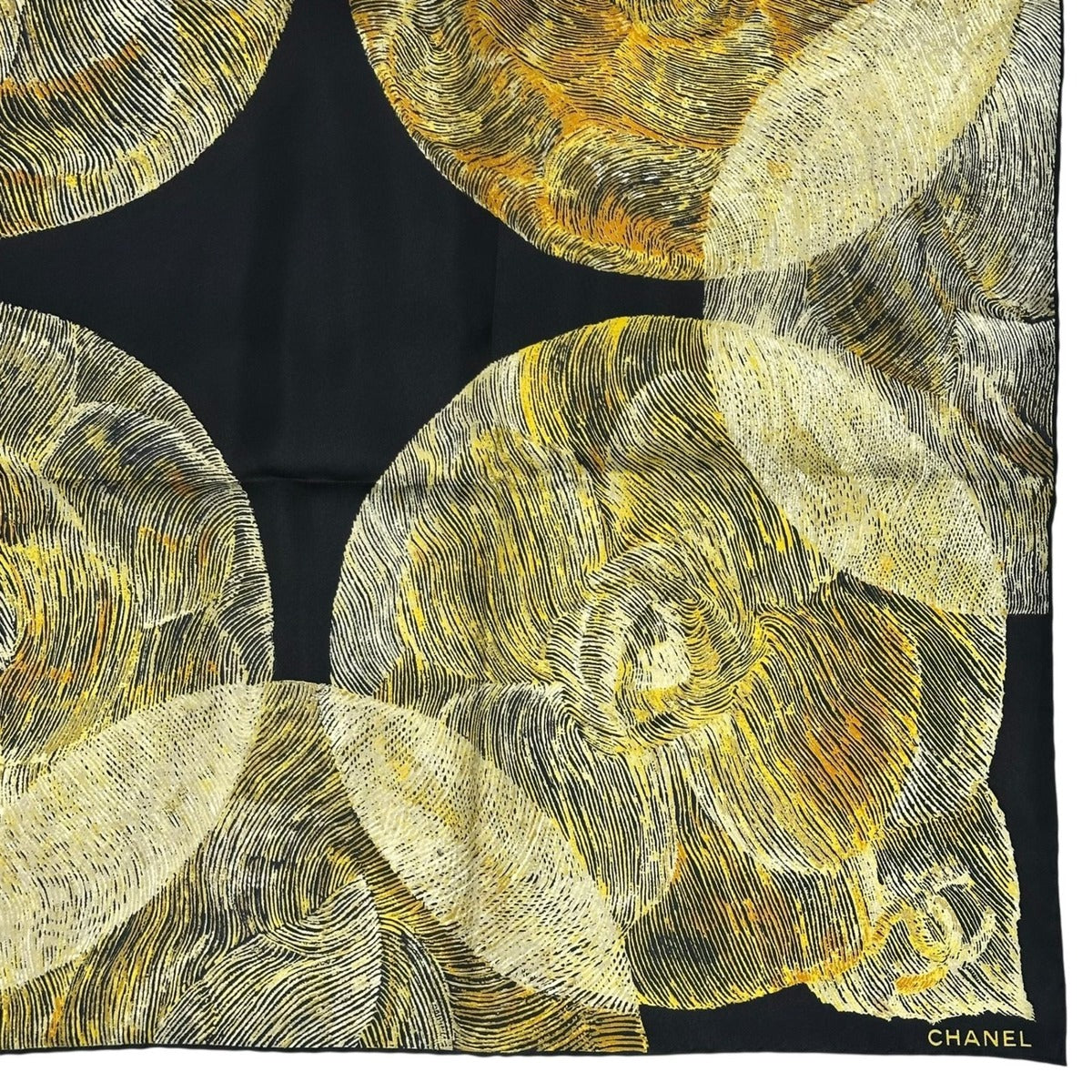 Chanel Scarf Camellia CC Logo Silk Black Yellow — view 6