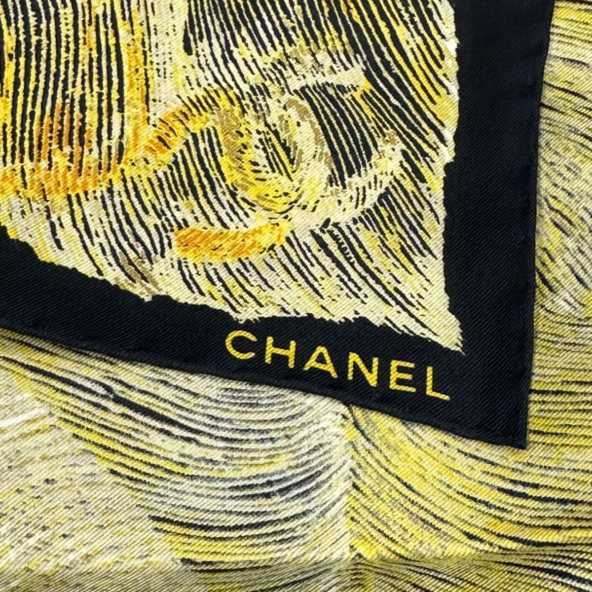 Chanel Scarf Camellia CC Logo Silk Black Yellow — view 7