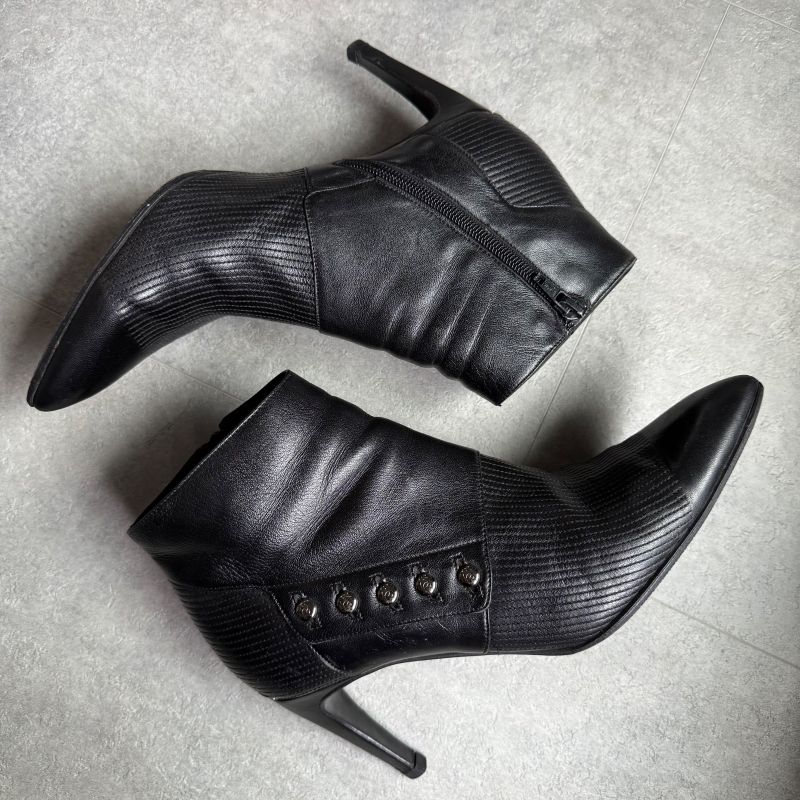 Chanel Pointed Toe Coco Mark Button Leather Zip Boots 37 1 2 C — view 5