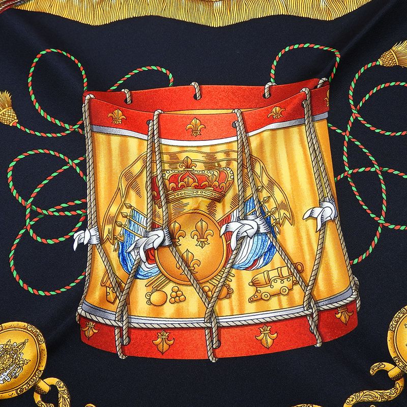 Hermes Scarf Carre 90 Silk Black Gold LES Tambours Tambour Drums — view 8