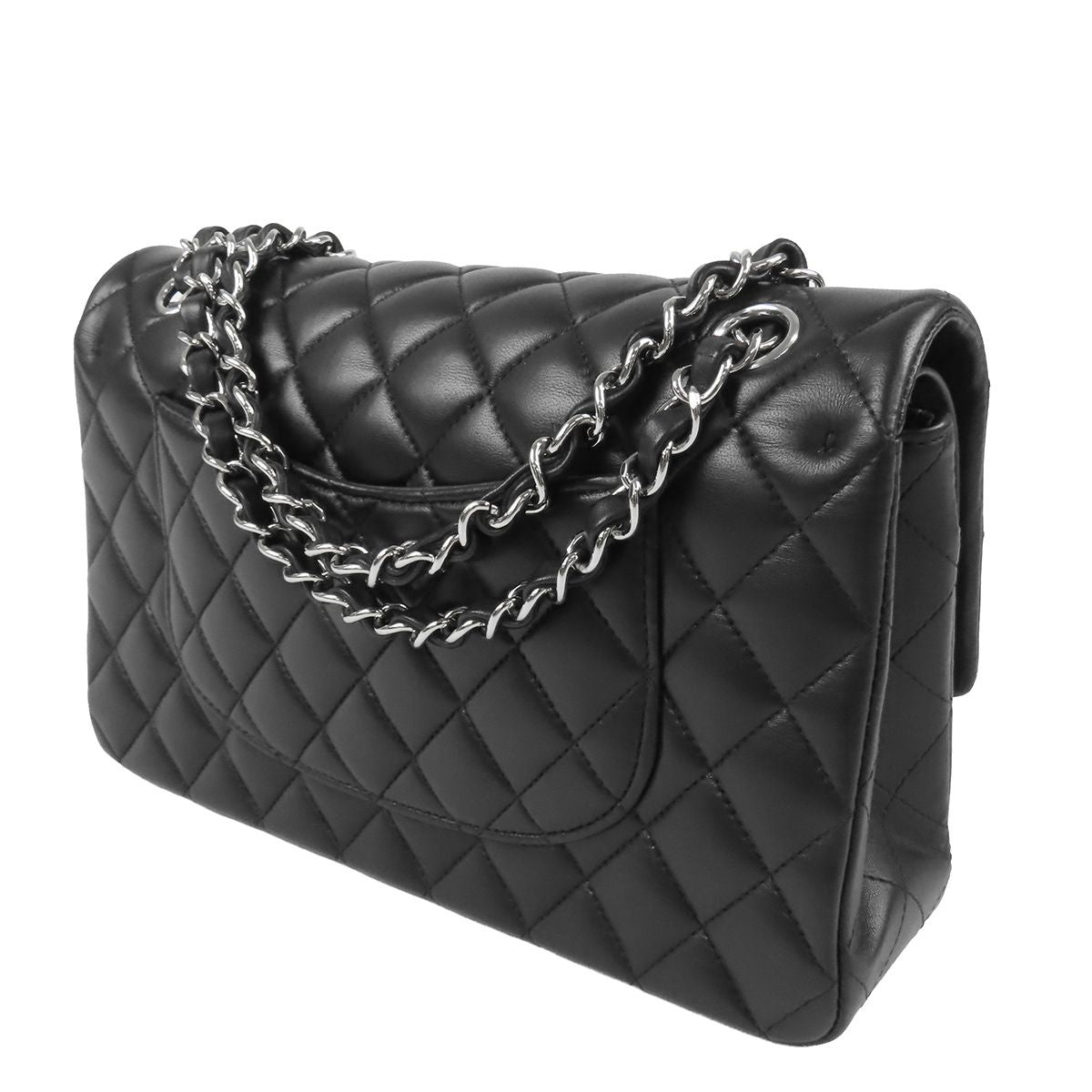 Chanel Chain Shoulder Bag Black Silver Lambskin Quilted 25 Double Flap — view 2