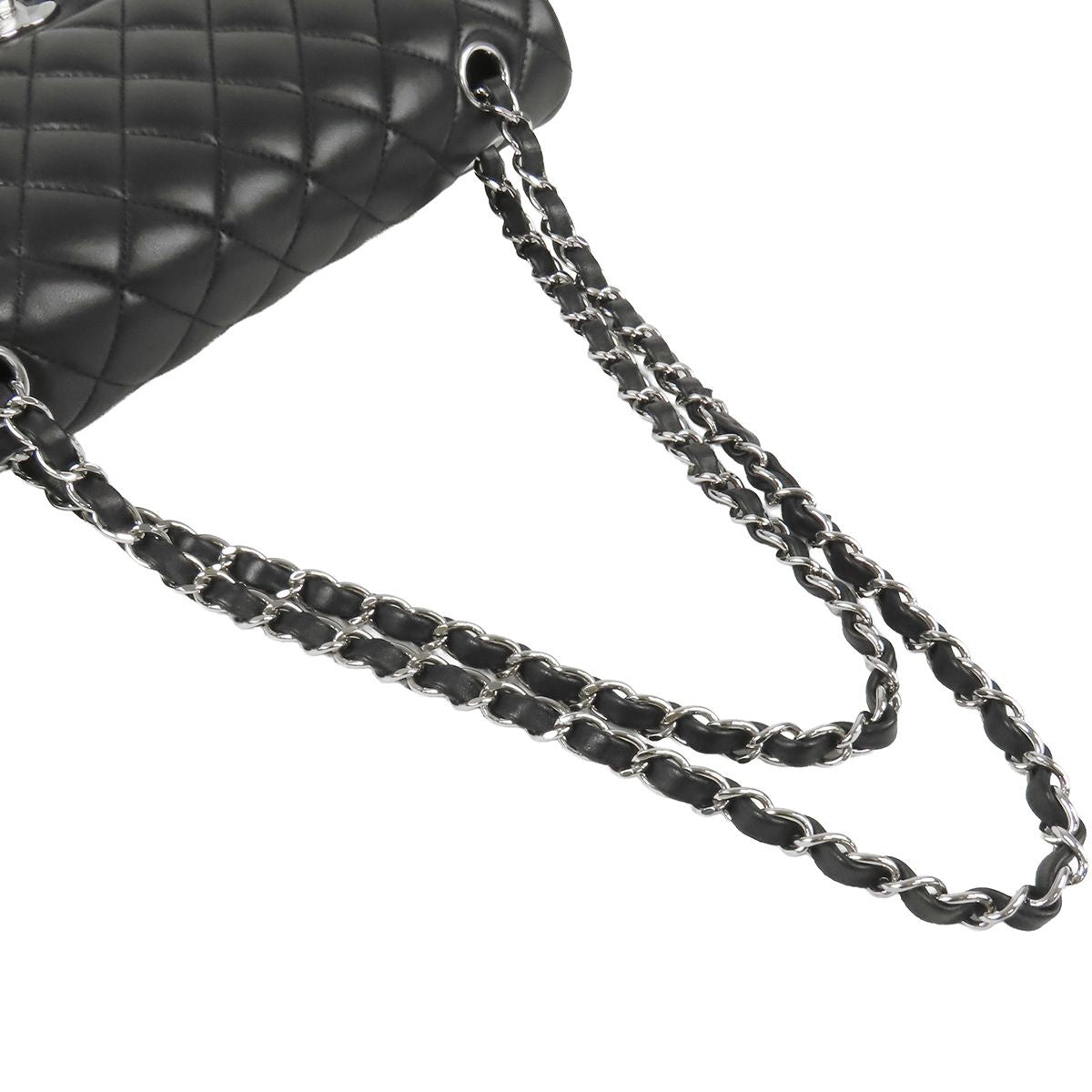 Chanel Chain Shoulder Bag Black Silver Lambskin Quilted 25 Double Flap — view 5