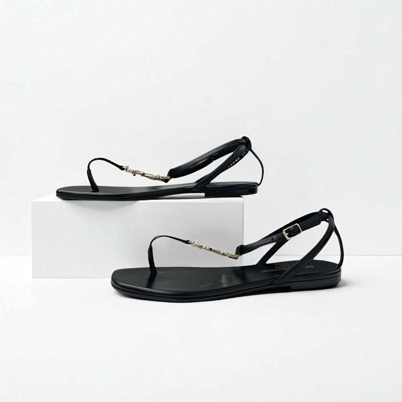 Saint Laurent Cassandra Sandals Shoes Leather Black Gold YSL Hardware Strap — view 3