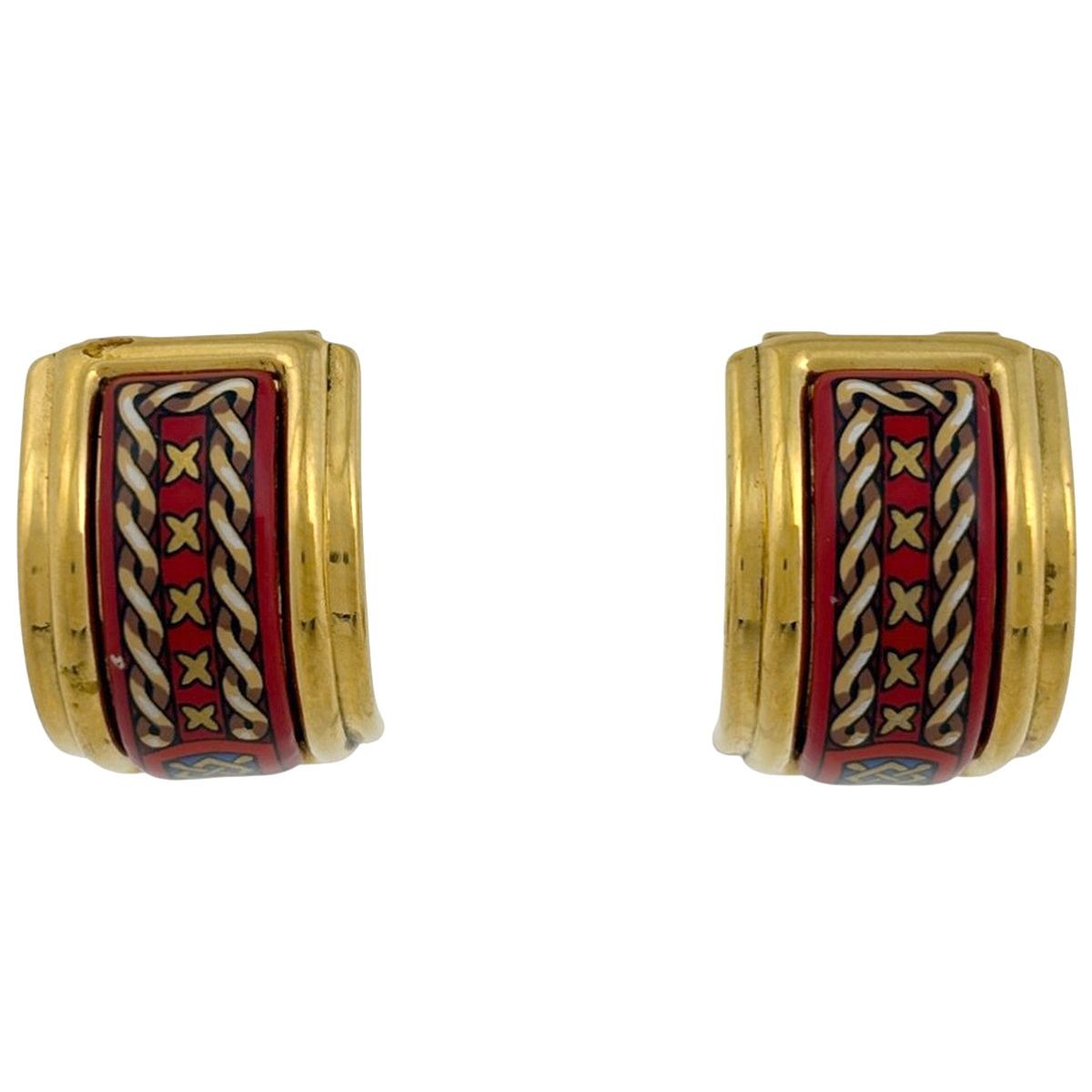 Hermes Enamel Earrings Cloisonne Gold Plated Red