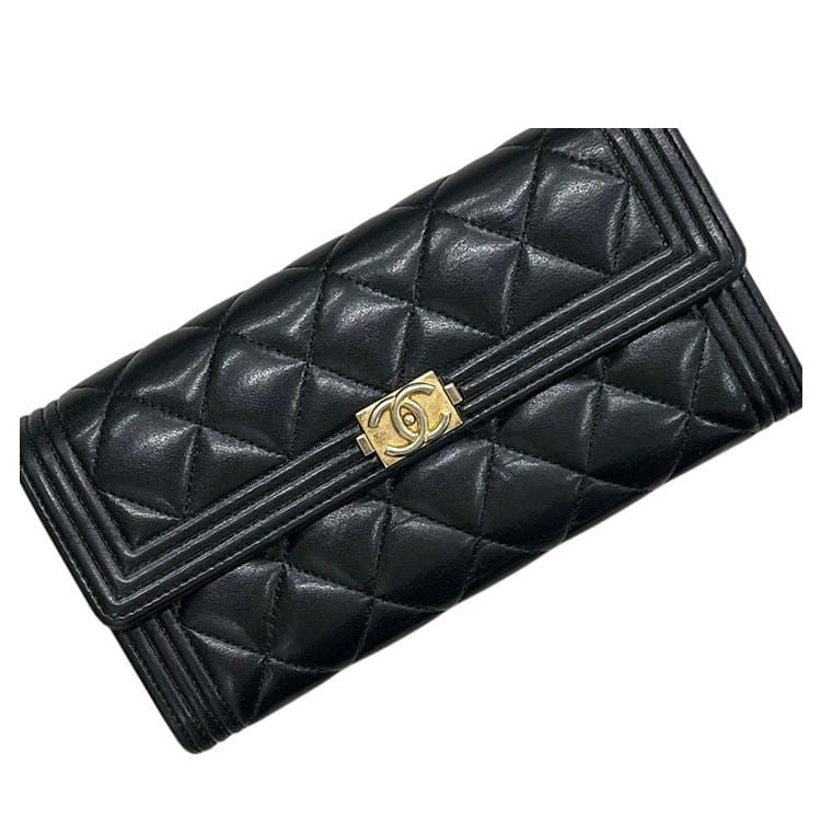 Chanel Bifold Wallet Boy Lambskin CC Logo Black Quilted