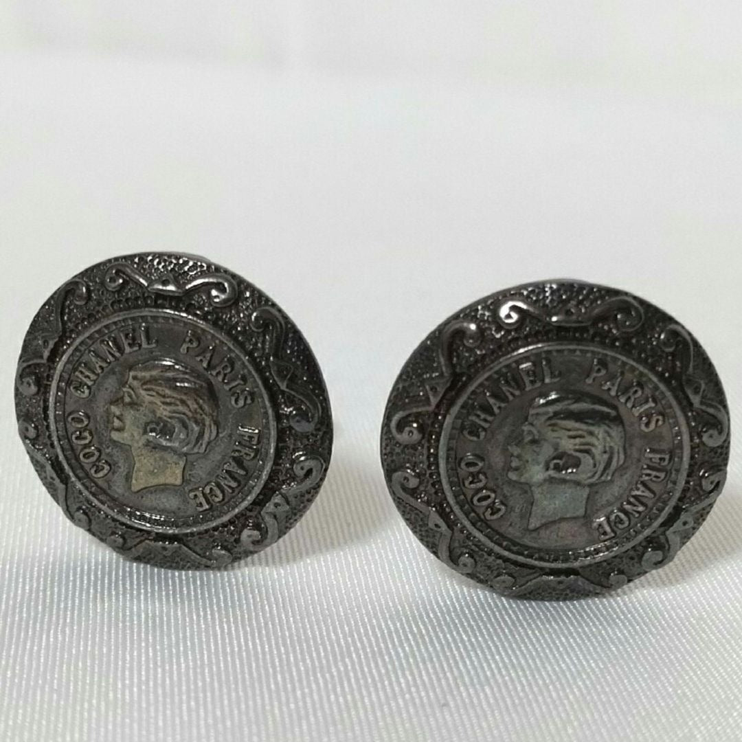 Chanel Mademoiselle Earrings Gunmetal Circle Vintage