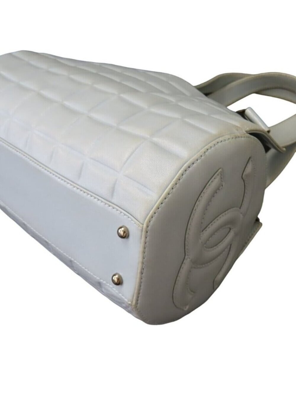 Chanel CC Chocolate Bar Quilted Leather Bowler Shoulder Bag Purse Blue