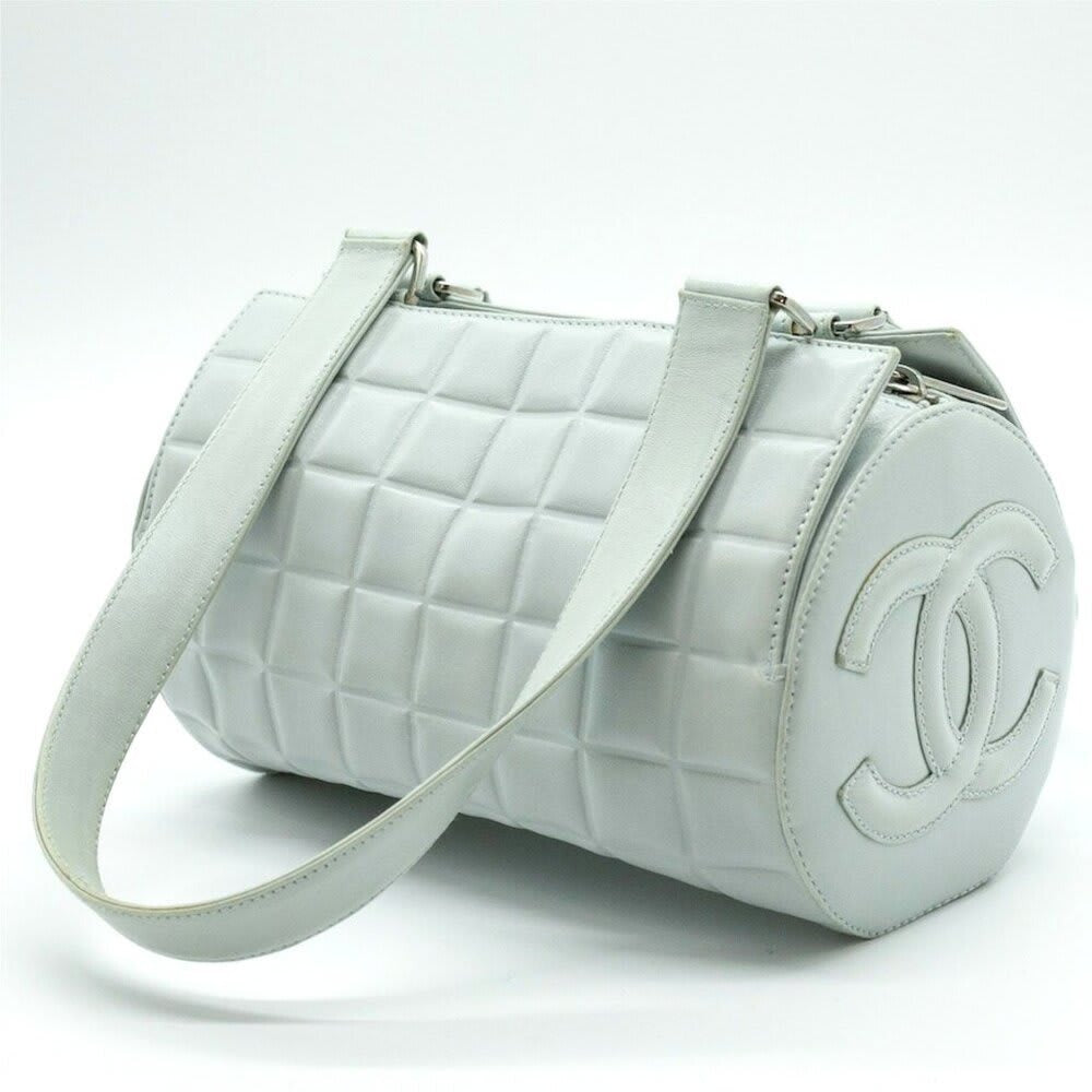 Chanel CC Chocolate Bar Quilted Leather Bowler Shoulder Bag Purse Blue