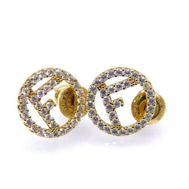 Fendi Fs Earrings Gold Color Rhinestone Logo Circle 7