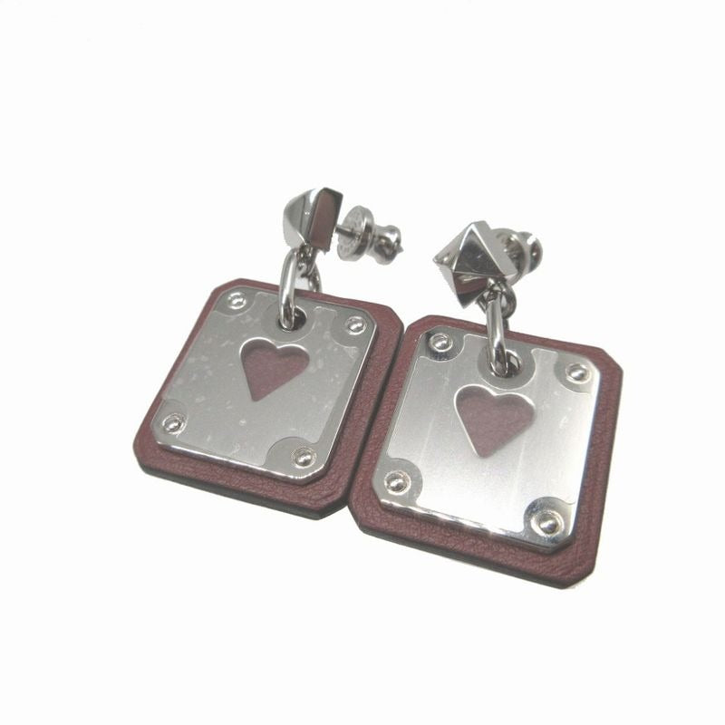 Hermes Asdecourt Heart Leather Metal Brown Silver Earrings — view 2