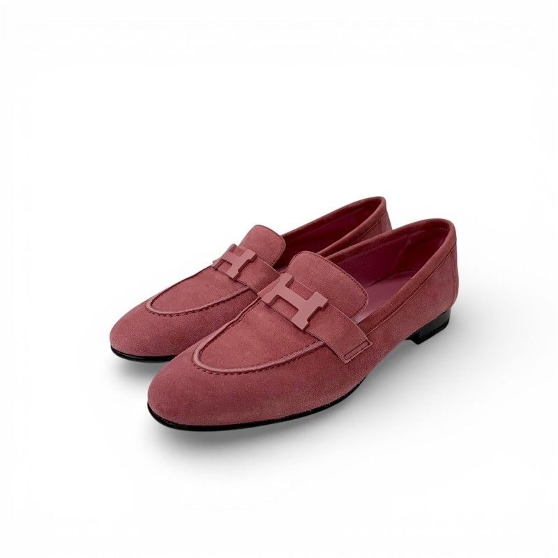 Hermes Loafers Leather Shoes Suede Pink Hhardware Moccasins Flat