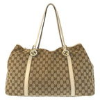 Gucci GG Twins Beige White Gold Canvas Leather Tote