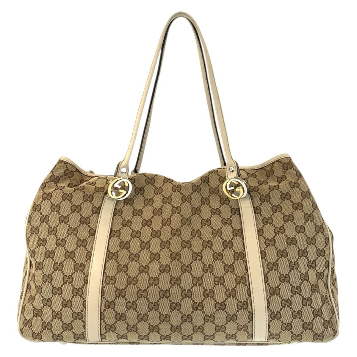 Gucci GG Twins Beige White Gold Canvas Leather Tote