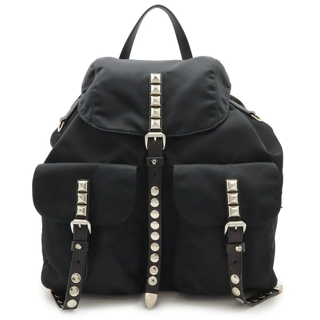 Prada Triangle Logo Backpack Studs Nylon Leather Nero Black