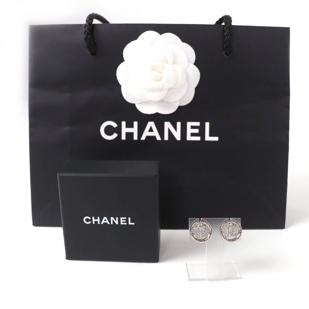 Chanel Metal CC Logo Rhinestone Circle Earrings Silver — view 2
