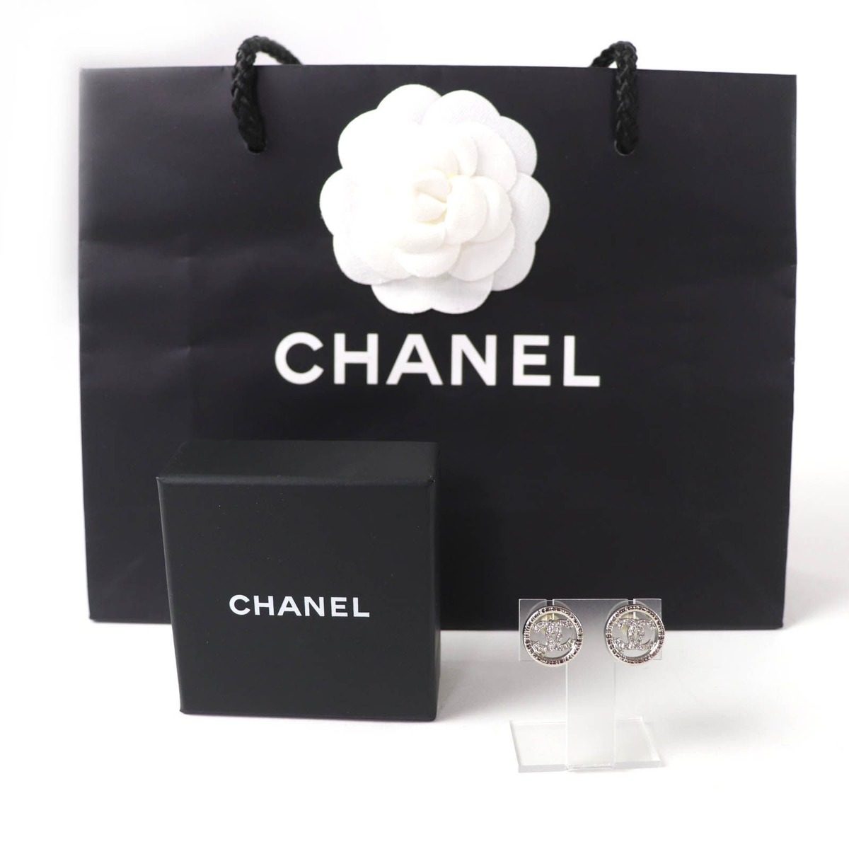 Chanel Metal CC Logo Rhinestone Circle Earrings Silver — view 2