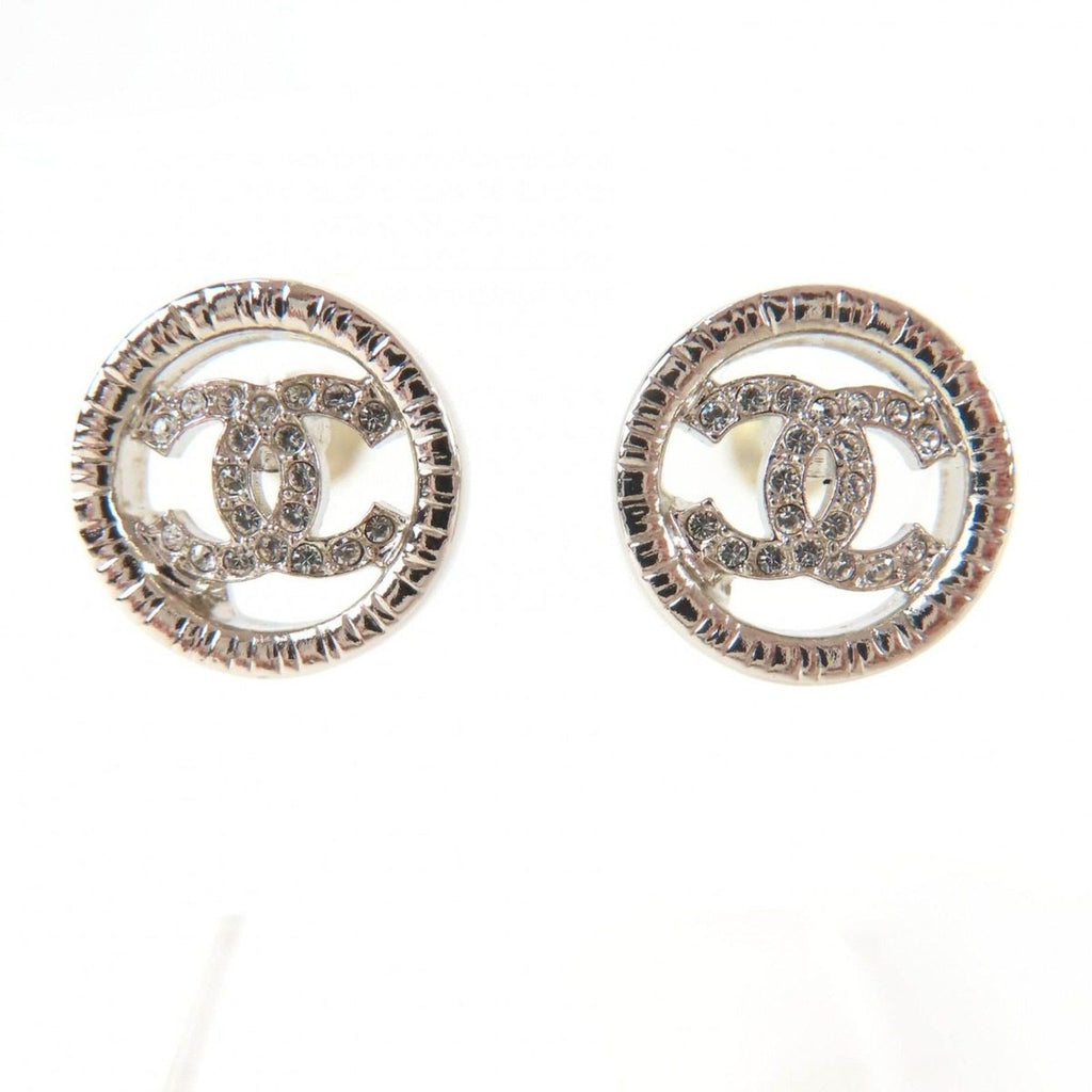 Chanel Metal CC Logo Rhinestone Circle Earrings Silver