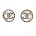 Chanel Metal CC Logo Rhinestone Circle Earrings Silver