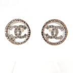 Chanel Metal CC Logo Rhinestone Circle Earrings Silver
