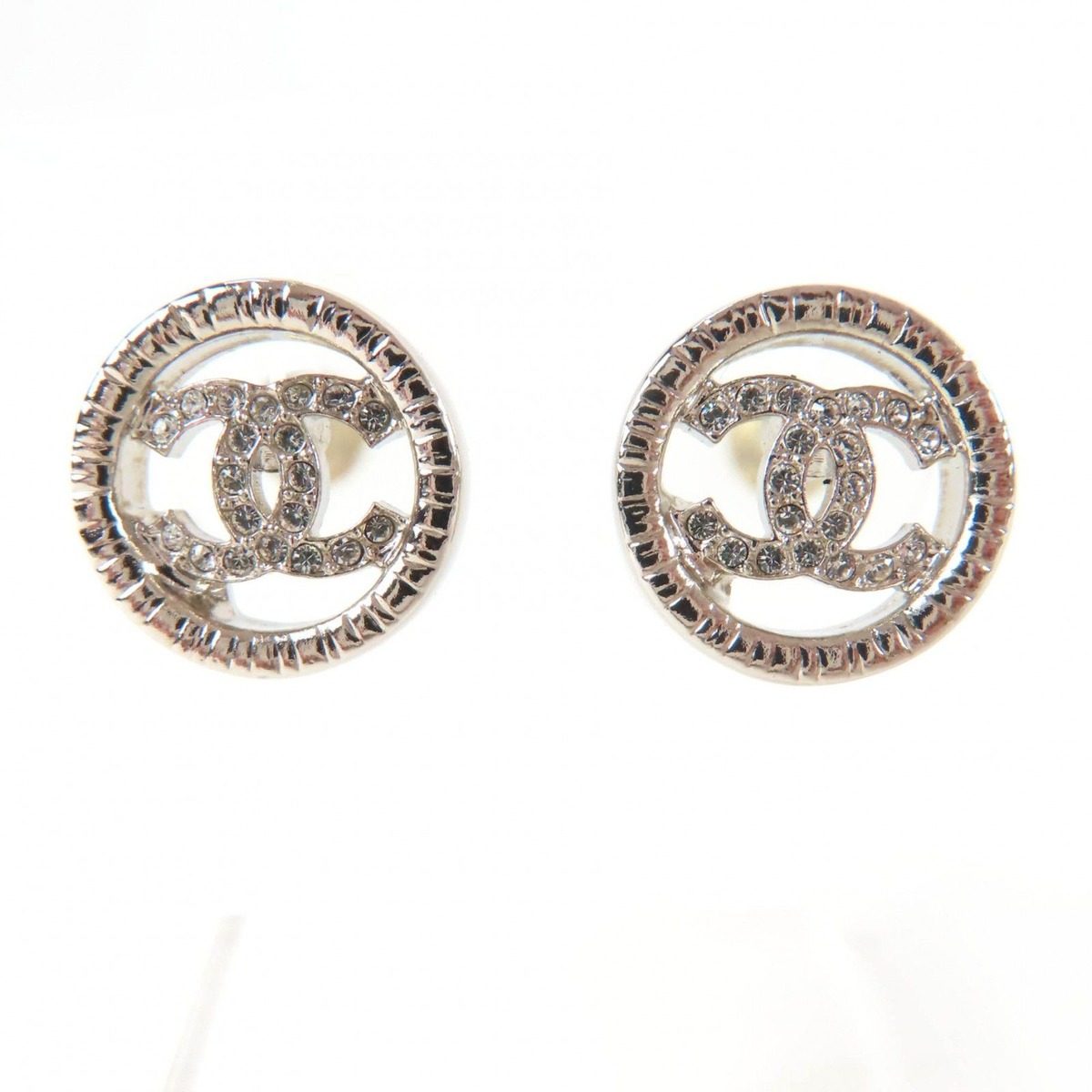 Chanel Metal CC Logo Rhinestone Circle Earrings Silver