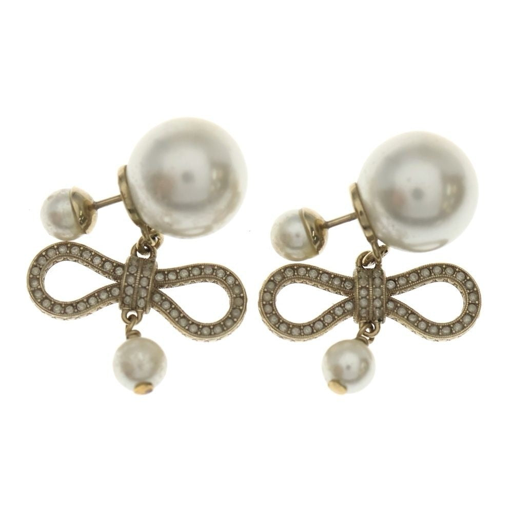 Dior Ribbon Pearl Earrings Rhinestone Gold