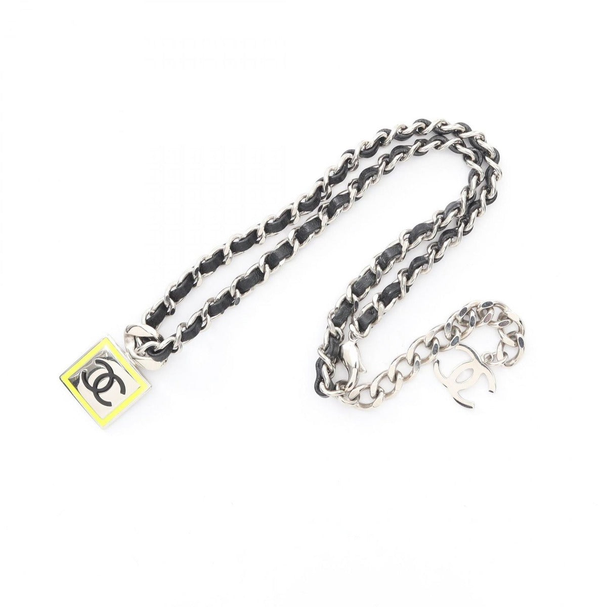Chanel Necklace CC Logo Stainless Steel Leather Silver Black Yellow — view 3