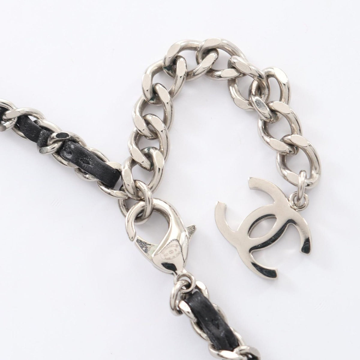 Chanel Necklace CC Logo Stainless Steel Leather Silver Black Yellow — view 4