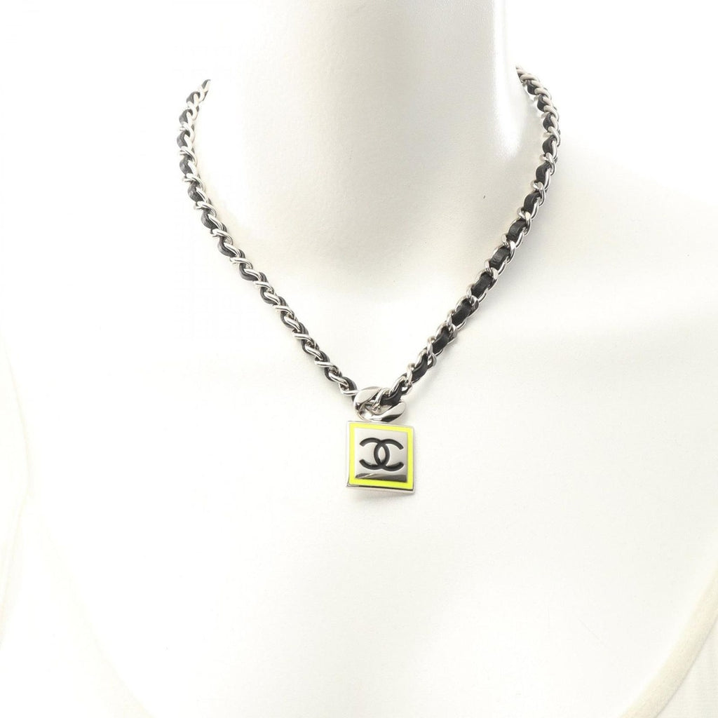 Chanel Necklace CC Logo Stainless Steel Leather Silver Black Yellow — view 6