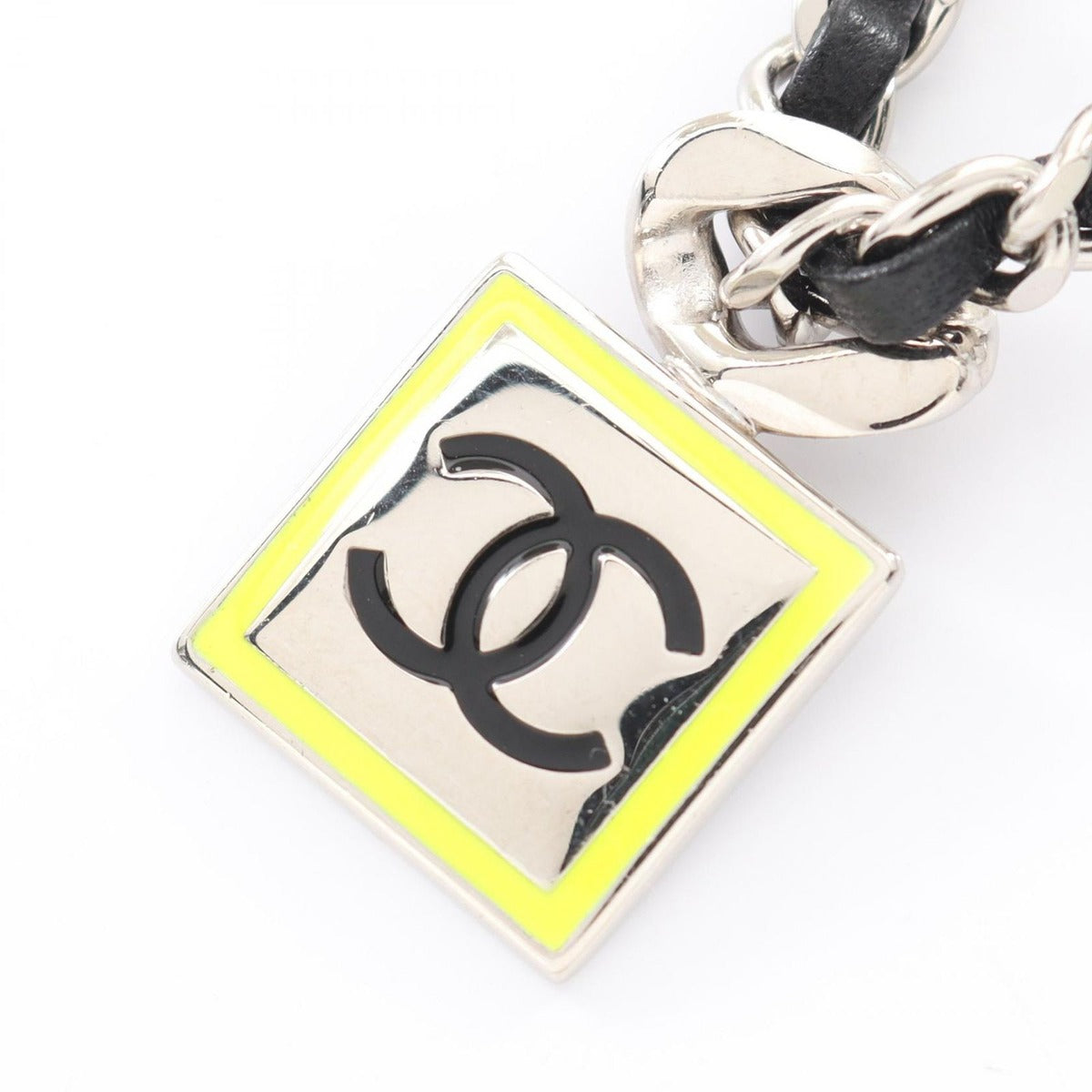 Chanel Necklace CC Logo Stainless Steel Leather Silver Black Yellow