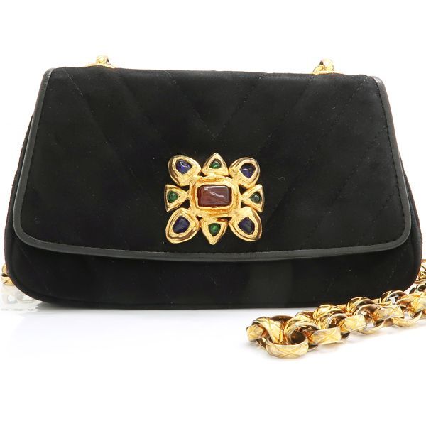 Chanel Chain Shoulder Gripoix 1993 Suede Black Chevron — view 3