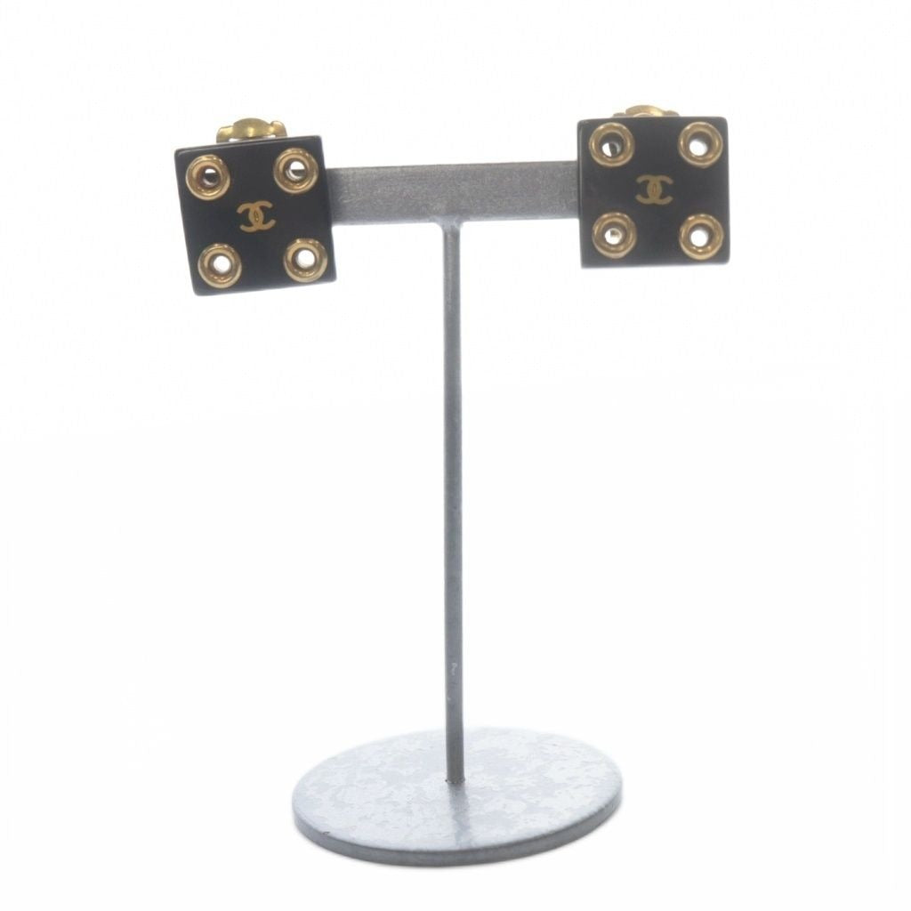 Chanel CC Logo Eyelet Square Earrings Black Gold