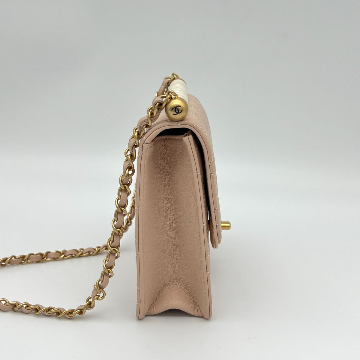Chanel Quilted Chain Shoulder Faux Pearl Baby Pink Gold Lambskin Bag — view 4
