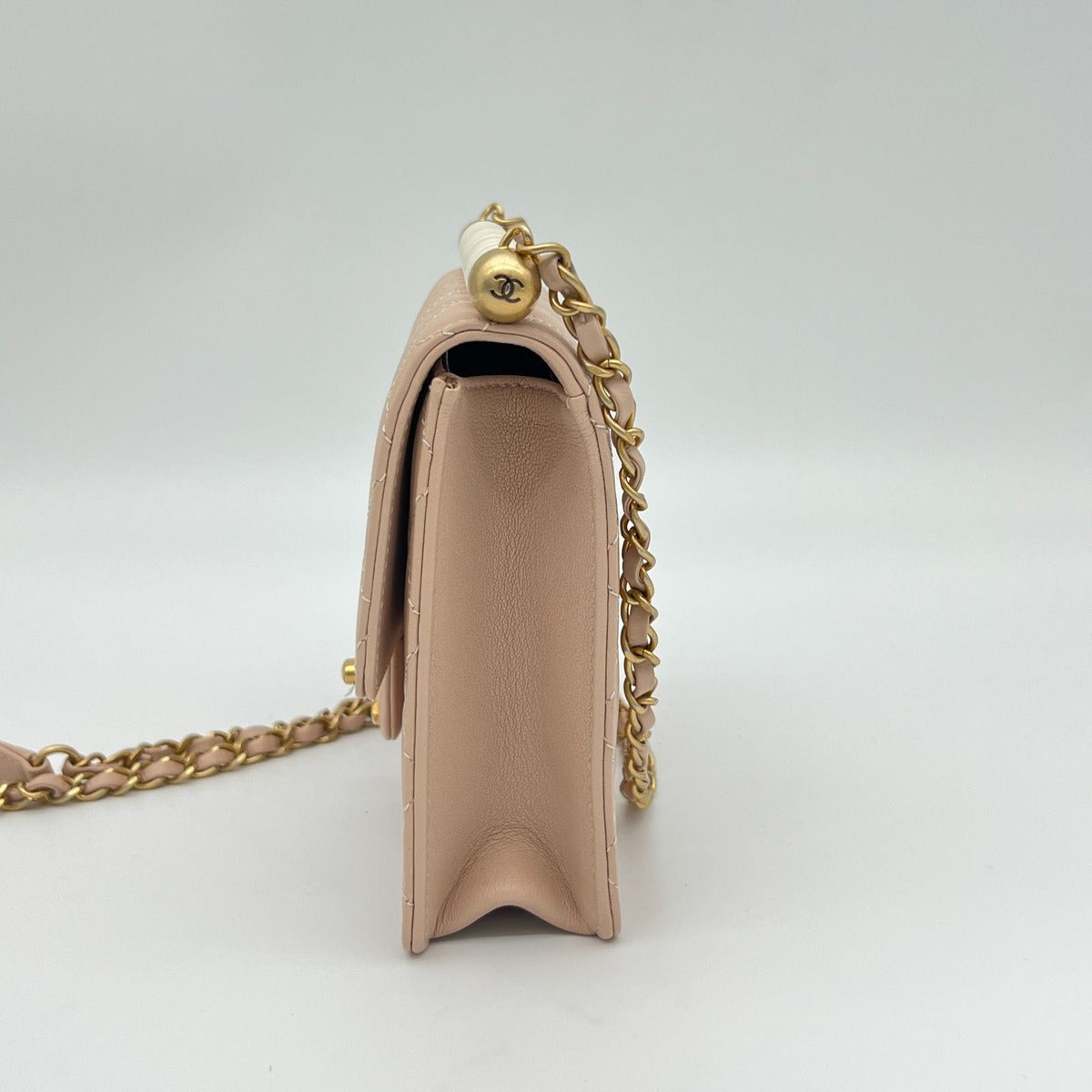 Chanel Quilted Chain Shoulder Faux Pearl Baby Pink Gold Lambskin Bag — view 5