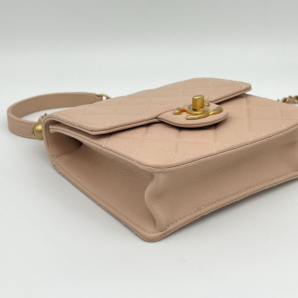 Chanel Quilted Chain Shoulder Faux Pearl Baby Pink Gold Lambskin Bag — view 7