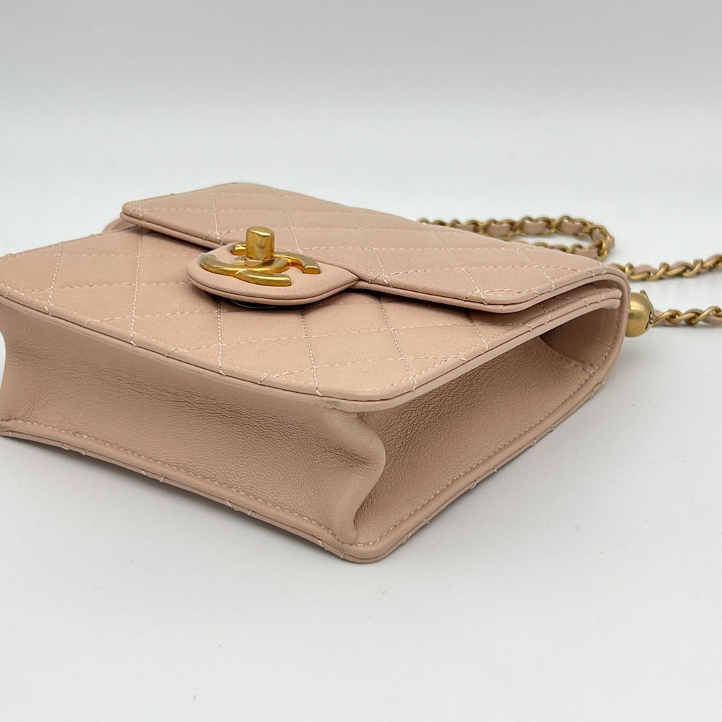 Chanel Quilted Chain Shoulder Faux Pearl Baby Pink Gold Lambskin Bag — view 8