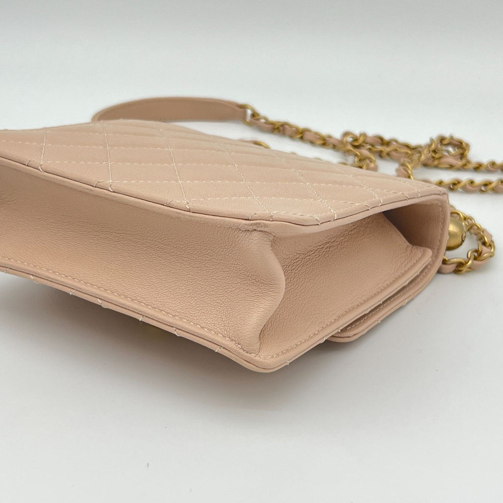 Chanel Quilted Chain Shoulder Faux Pearl Baby Pink Gold Lambskin Bag — view 9