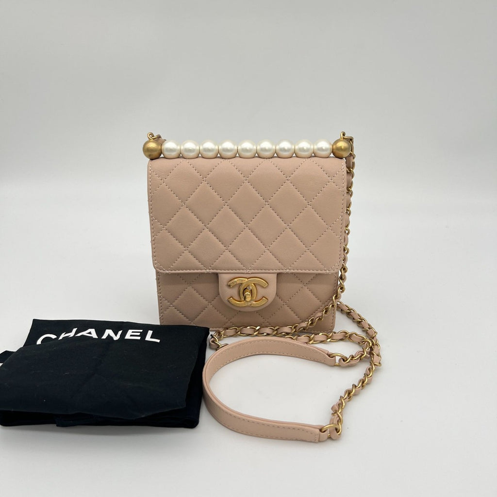 Chanel Quilted Chain Shoulder Faux Pearl Baby Pink Gold Lambskin Bag