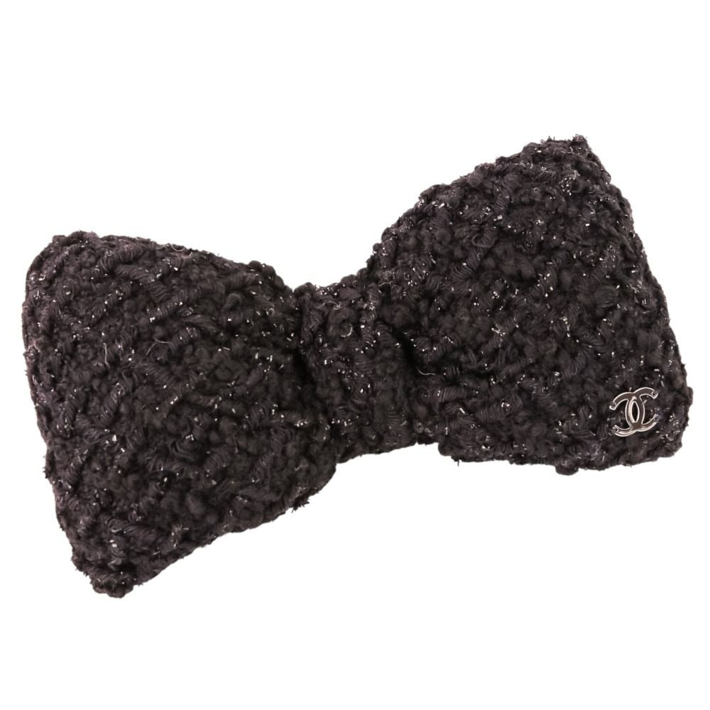Chanel CC Logo Ribbon Tweed Barrette Black