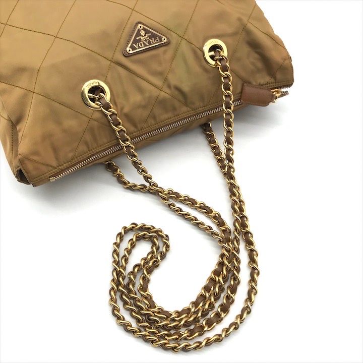 Prada Triangle Logo Nylon Tessuto Chain Tote Camel — view 6